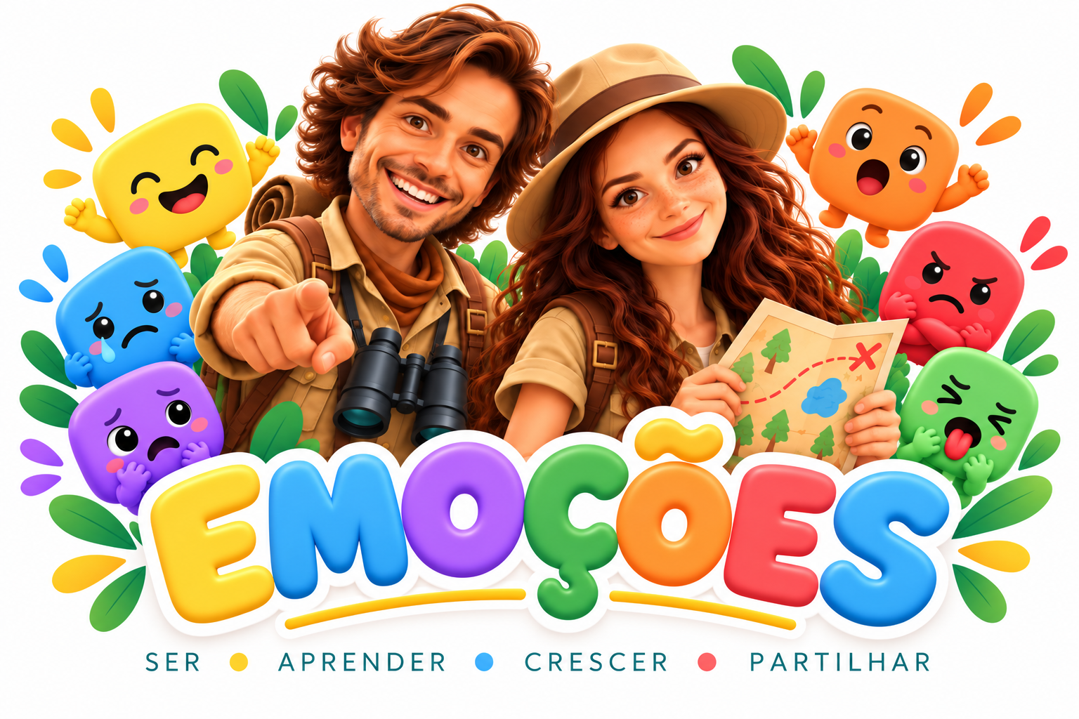 Ilustração dos Exploradores das Emoções: a Ana Catarina e o João vestidos de exploradores, rodeados de personagens coloridas das emoções, com o lema Ser, Aprender, Crescer, Partilhar
